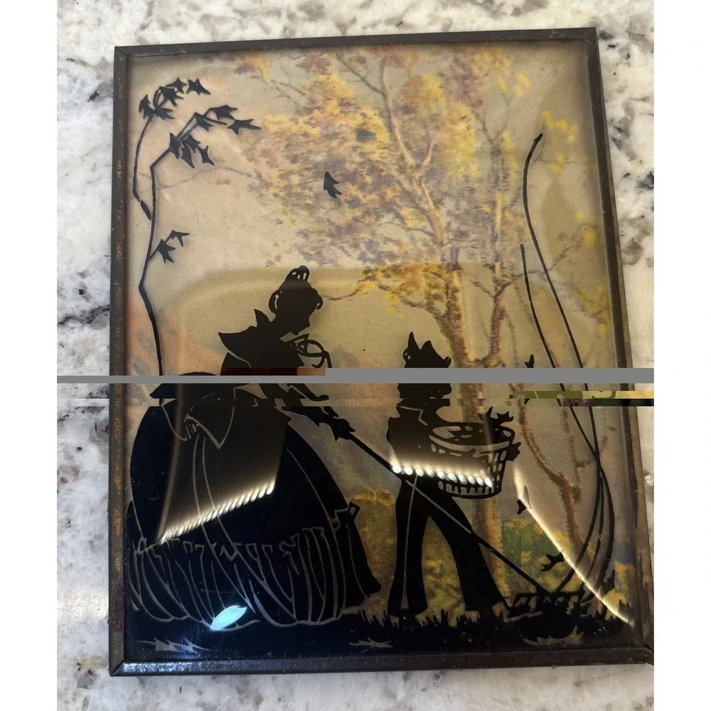 2 Vintage Convex Glass Reverse Painted Wall Art Victorian‎ Lady Child Garden 4x5